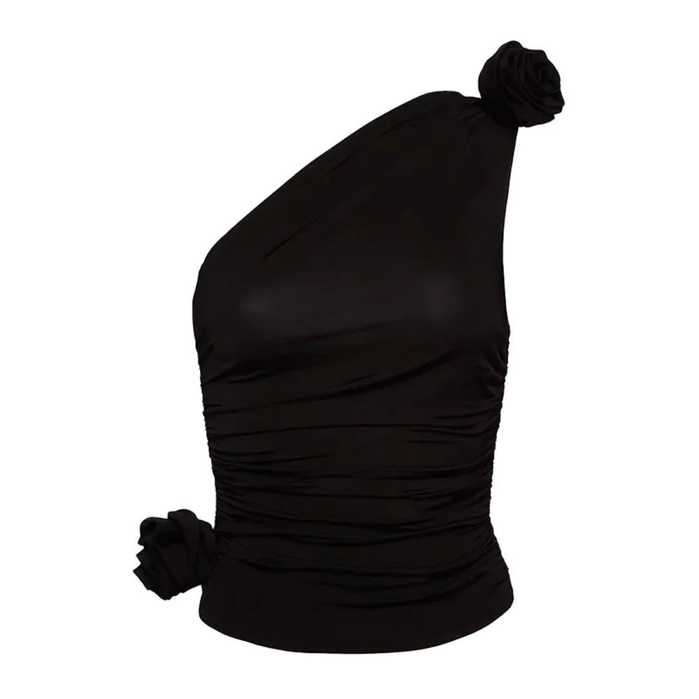 Black One Shoulder Rose Top